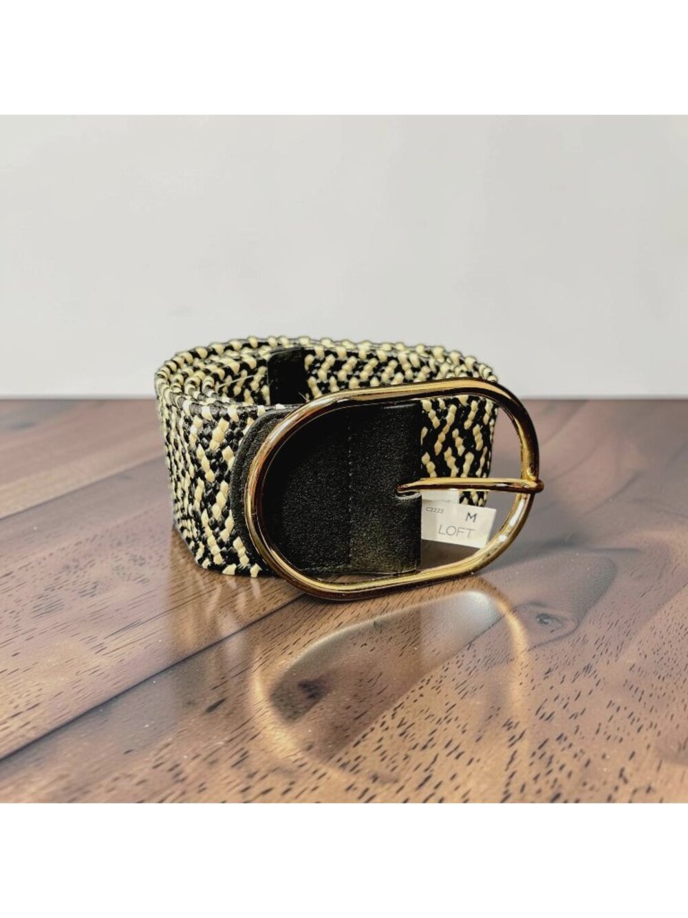 LOFT Woven Belt With Gold Buckle Black & Beige Medium 35"L x 2"W New Old Stock